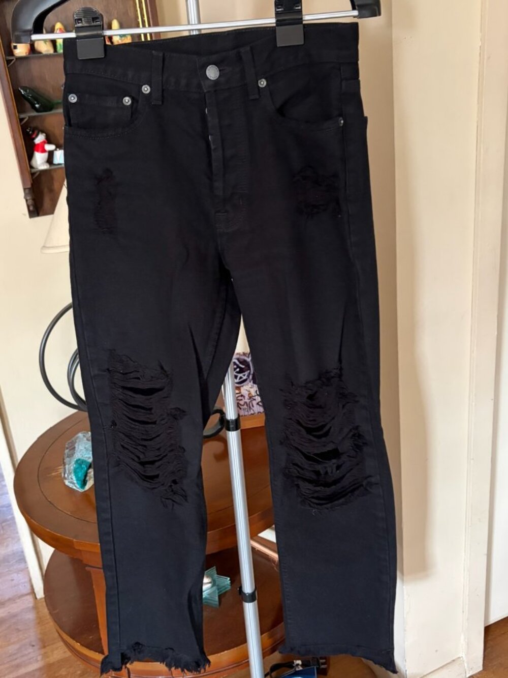 Carmar black distressed button fly raw hem  jeans